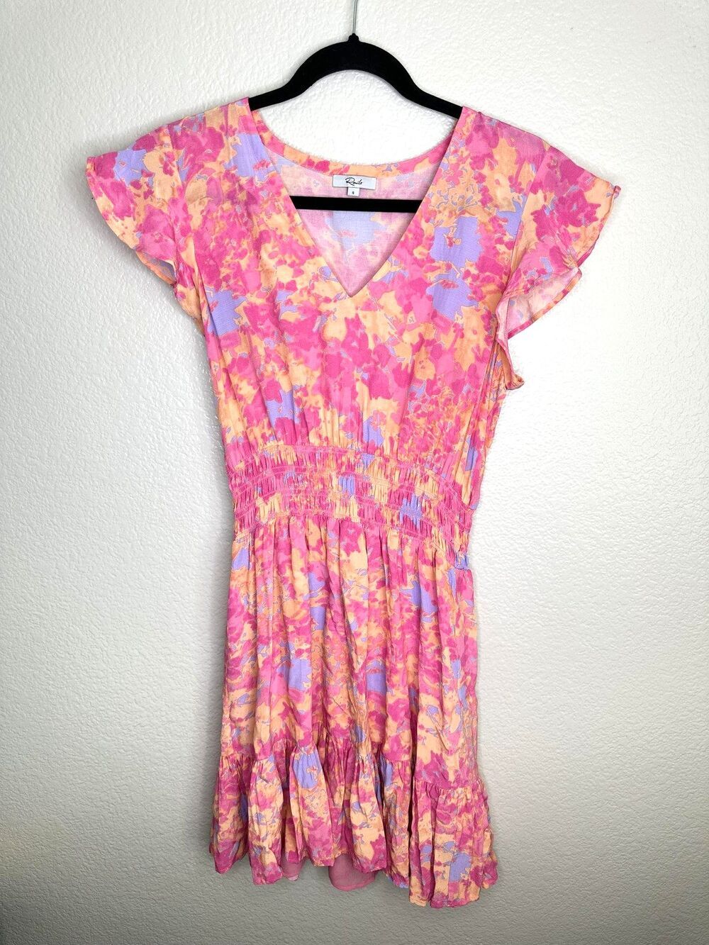 Rails Dress Womens Small Tara Passion Flower Smocked Ruffle Hem Mini Pink Purple